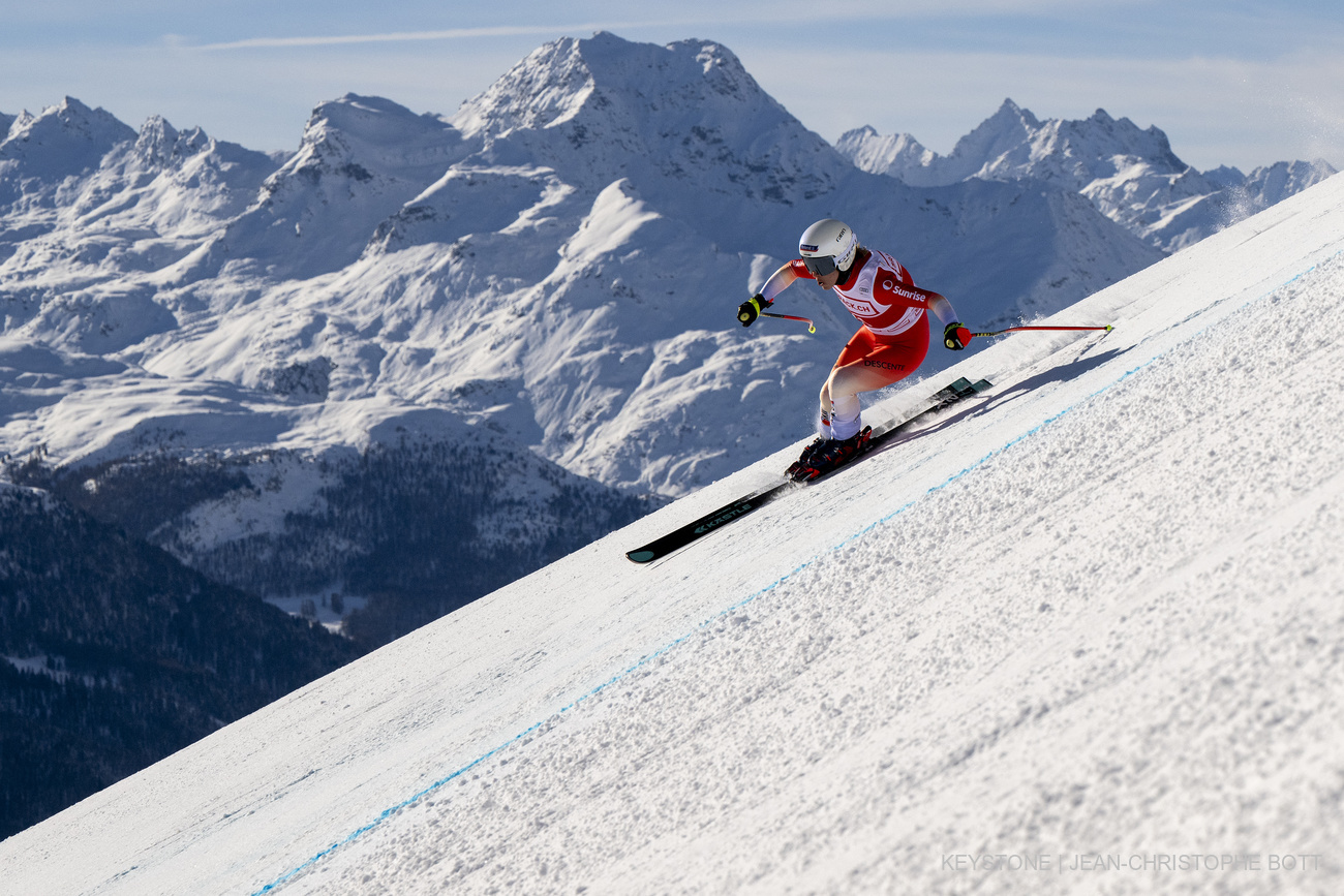 Jasmine Flury of Switzerland in action during the women's Downhill race at the Alpine Skiing FIS Ski World Cup, in St. Moritz, Switzerland, Saturday, December 9, 2023. (KEYSTONE/Jean-Christophe Bott)